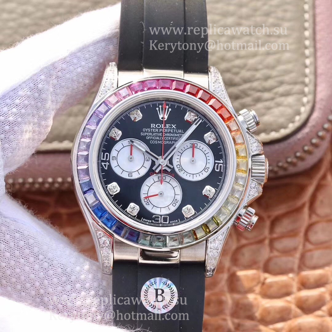 Copy R01ex Daytona  Rainbow 116599 RBOW BLF SS & D1am0nds Black Dial 4130